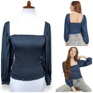 🍀J. Crew Midnight Blue Satin Smocked Balloon Sleeve Square Neck Blouse Size XS